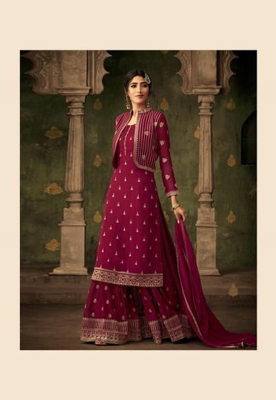 Magenta georgette embroidered sharara suit with jacket  70001